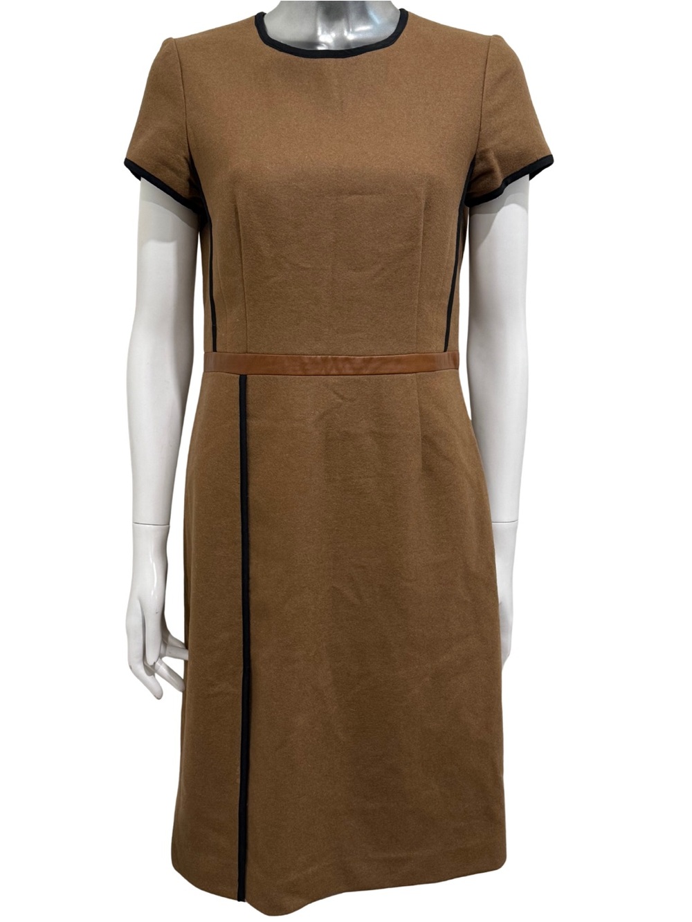 Judith & Charles Wool Sheath Dress Size 8 Brown Black Leather Trim Made Canada - Picture 2 of 10